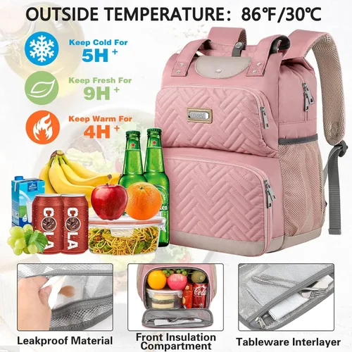 Miniatura 2 de Lonchera-Mochila para mujeres, mochilas con aislamiento térmico con bolsillo RFID, resistente al agua, mochila con puerto USB, portátil de 15,6