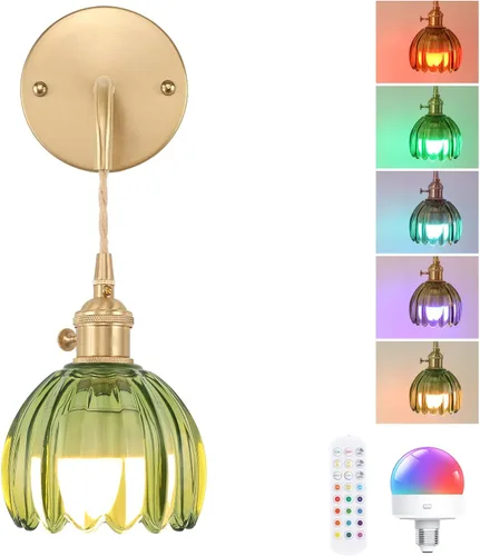 Shenmoyl Candelabro de Pared Operado por Batería con Soporte de Cadena Ajustable, Patrón de Tulipán Verde, Vidrio con Diseño Retro en Oro, Lámpara
