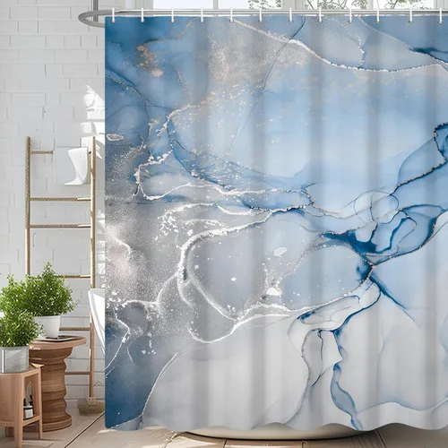 Miniatura 53 de Cortina de ducha abstracta de mármol negro gris y dorado con grietas, cortina de baño moderna ombre impresa, cortina impermeable y lavable de tela