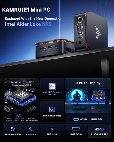 Miniatura 2 de KAMRUI Mini PC Celeron J3455, Mini computadora de escritorio, 86B DDR/128GB eMMC pequeña computadora 4K soporte 2.5" SSD/mSATA SSD/2.4G+5G WiFi dual