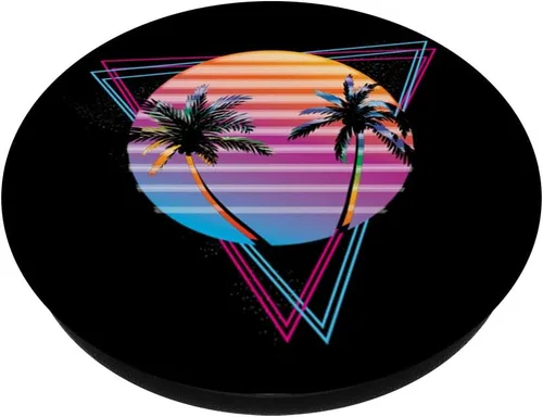 Miniatura 2 de Palm Sunset 80's Vibe retrowave synthwave estética PopSockets agarre y soporte para teléfonos y tabletas, Negro