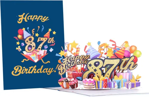 Miniatura 2 de iGifts And Cards Tarjeta desplegable 3D de feliz cumpleaños 87 – Diseño azul con números de purpurina, globos, pasteles y regalos – Tarjeta