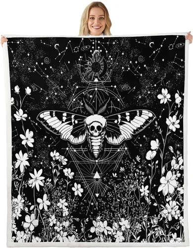 Miniatura 22 de Erosebridal Manta de árbol de la vida, sol y luna para sofá cama, manta de forro polar gótico de polilla trippy, manta de sherpa cósmica