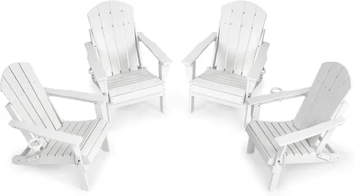 Miniatura 13 de Silla Adirondack plegable de HDPE, silla de patio al aire libre con soporte para tazas, silla de césped de grano de madera resistente a