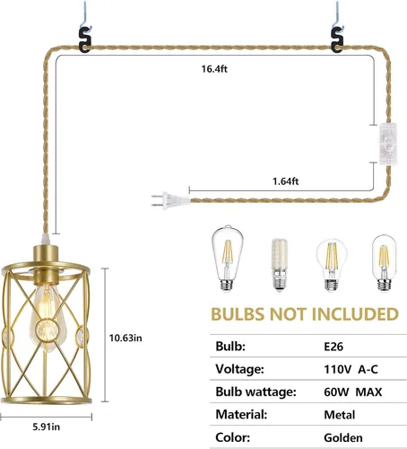 Miniatura 2 de Paquete de 2 lámparas colgantes industriales enchufables, mini jaula colgante en acabado dorado con cristal, longitud ajustable para pasillo