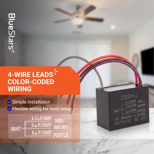 Miniatura 7 de BlueStars - Condensador de ventilador de techo mejorado CBB61 de 4.5uf+5uf+6uf de 4 cables y 250 V CA de BlueStars - Paquete de 1 - Reemplazo