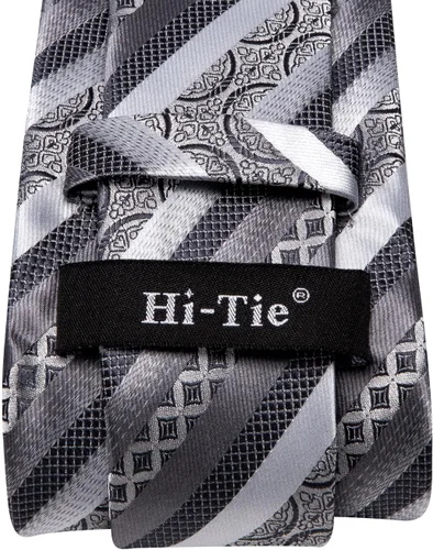 Miniatura 115 de Hi-Tie Corbatas de seda para hombre, diseño de cachemira a rayas, con bolsillo, gemelos cuadrados, conjunto formal de negocios