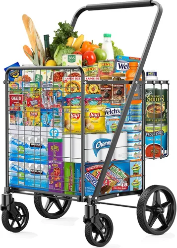 Miniatura 9 de Carrito de compras de capacidad de 450 libras, carrito de comestibles enorme con ruedas, carrito de compras plegable resistente con cesta doble