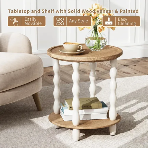 Miniatura 3 de Mesa auxiliar redonda, mesa auxiliar estilo granja de 2 niveles, mesita de noche de madera de 18.5'' hecha a mano con aspecto desgastado, mesa