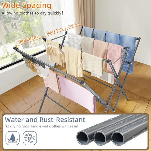 Miniatura 4 de HOMIDEC Tendedero de secado de ropa, 12 postes de secado grandes con clips para calcetines, estante de secado de ropa, plegable, portátil, para Plata