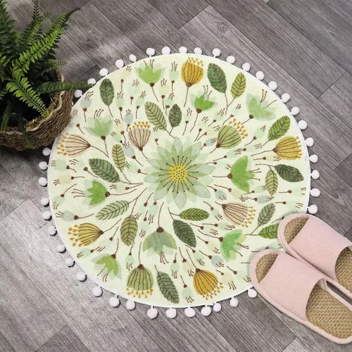 Uphome Alfombra Redonda Pequeña de 2' Círculo Tapete de Baño Lindo con Pompones Flecos Diseño Floral de Plantas Alfombras de Baño Lavables Suaves
