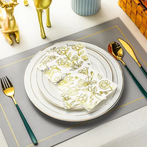 Miniatura 4 de Pasimy 100 servilletas de papel dorado desechables para invitados, servilletas de cóctel de papel floral, elegantes toallas de mano para cena