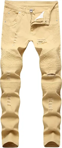 Pantalones de mezclilla ajustados para hombre con corte ajustado y rasgados de Hip Hop cómodos elásticos con agujero para motociclista