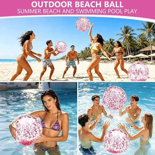 Miniatura 6 de Paquete de 5 bolas de playa de lentejuelas de 16 pulgadas y 24 pulgadas, inflables, confeti con purpurina, pelota de playa transparente, juguete Rosa
