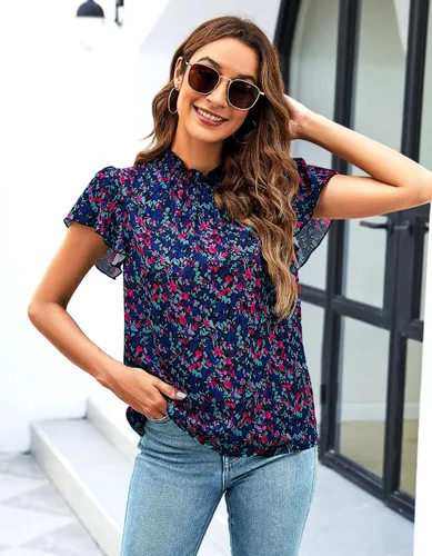 Miniatura 7 de SimpleFun - Blusas de verano con volantes y cuello de moca estilo bohemio para mujer, manga corta, estampado floral