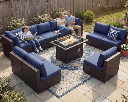 Miniatura 86 de NICESOUL Juego de muebles de patio para exteriores de 7 piezas con mesa para hoguera, gas natural y propano convertible, respaldo alto de 29.3