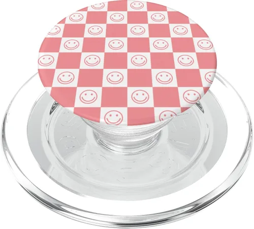 Miniatura 7 de Diseño de patrón de sonrisas de tablero de ajedrez rosa en PopSockets blancos PopGrip intercambiables