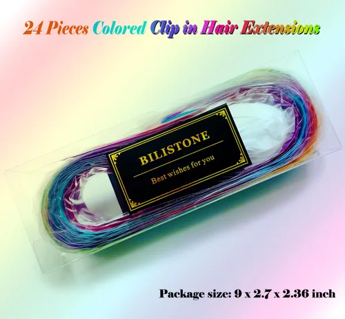 Miniatura 5 de 24 extensiones de cabello con clip de color, 22 pulgadas de largo, lacio, sintético, multicolor, resaltado para fiestas, para mujeres y niñas