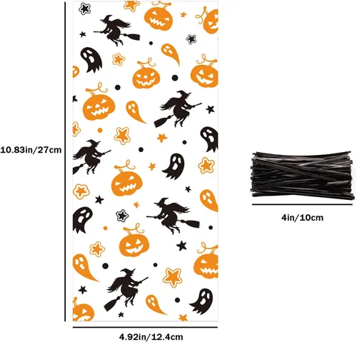 Miniatura 3 de LOMIMOS 150 bolsas de dulces de celofán de Halloween, bolsas de plástico transparente con 300 lazos giratorios para aperitivos, galletas