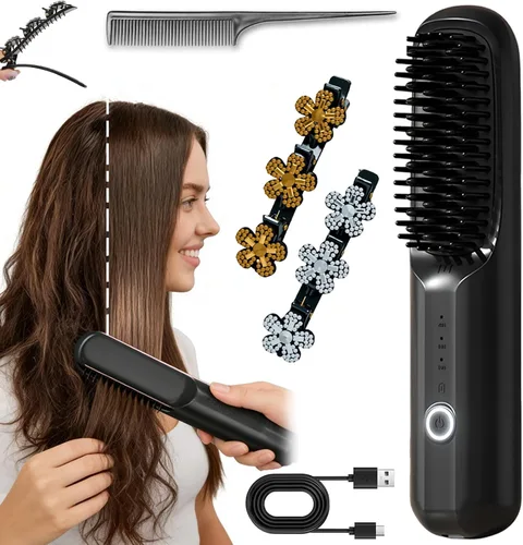Go Bursh - Peine alisador de cabello USB inalámbrico de iones negativos 2026, Brush Pro con pinzas trenzadas de piedra de cristal brillante, Negro