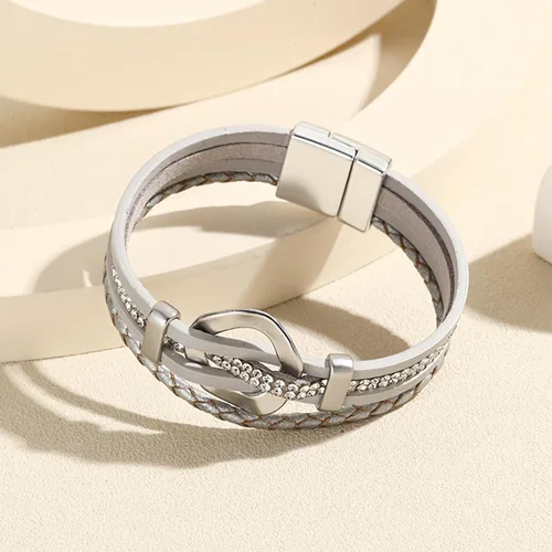 Miniatura 2 de Long tiantian Pulsera de cuero con corazón de 2 capas apilable con cierre de diamantes de imitación, joyería bohemia regalo para mujer