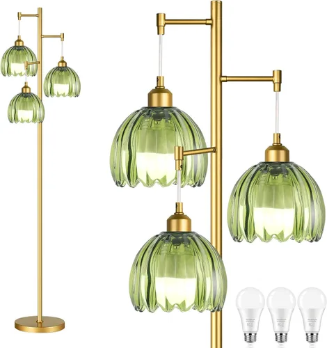 Miniatura 8 de Lámparas de pie doradas para sala de estar lámpara de pie vintage con forma de L de vidrio y tres bombillas led, lámpara de pie verde de latón
