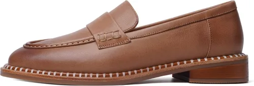 Miniatura 2 de FOGEENA Mocasines de cuero mate para mujer, estilo casual, sin cordones, punta redonda, tacón bajo grueso, zapatos de vestir de 1 pulgada