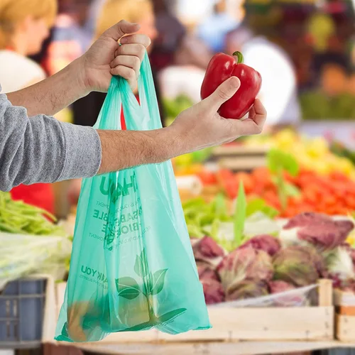 Miniatura 6 de Paquete de 25 bolsas de camiseta con asas de 22 x 12 pulgadas, bolsas de plástico biodegradable verde para compras, bolsas de agradecimiento
