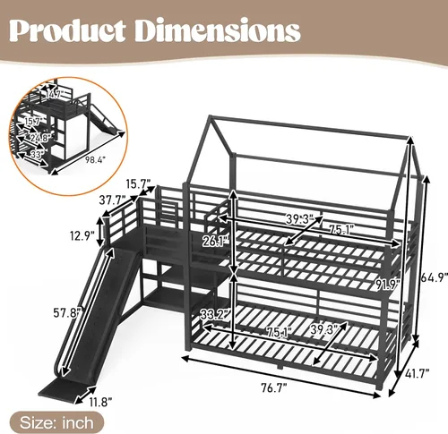 Miniatura 2 de Bellemave Literas de metal de tamaño individual sobre individual con tobogán y escaleras de almacenamiento, litera de piso con barandilla