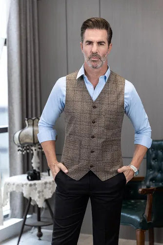 Miniatura 5 de Chaleco de traje vintage para hombre, chaleco de tweed a cuadros, chaleco de ajuste regular para padrinos de boda