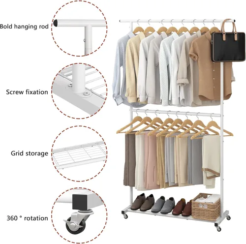 Miniatura 2 de Sywhitta Perchero de ropa de doble barra, colgador de abrigos rodante con malla inferior, perchero para colgar ropa, abrigos, faldas, suéteres