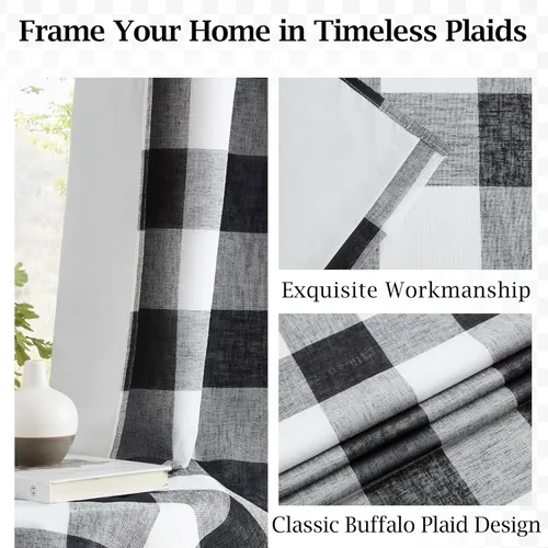 Miniatura 3 de Cortinas cortas de lino texturizado con diseño de búfalo blanco y negro a cuadros, 100% opacas con forro, paneles de estilo granja