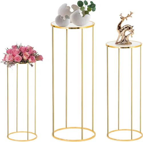3 soportes de pedestal cilíndrico para fiestas, soportes cilíndricos redondos de metal dorado para flores de fiesta, columnas de exhibición, soporte