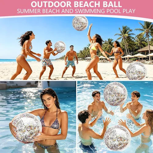 Miniatura 6 de Paquete de 5 bolas de playa de lentejuelas de 16 pulgadas y 24 pulgadas, inflables, confeti con purpurina, pelota de playa transparente, juguete