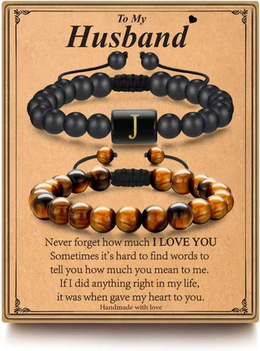 MONOZO Regalos para el día del padre regalos para hombres y niños, 0.315 in, ojo de tigre y ágata negra, pulsera inicial con cuentas de piedra de