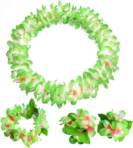 Miniatura 6 de 4 piezas de leis hawaianos de color verde claro con hojas verdes para fiesta de graduación, fiesta de baile, accesorio de fotos en exteriores