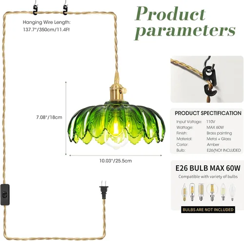 Miniatura 4 de Lámpara colgante enchufable, luces colgantes con cable enchufable, lámpara colgante con vidrio verde, iluminación colgante E26 para isla de cocina