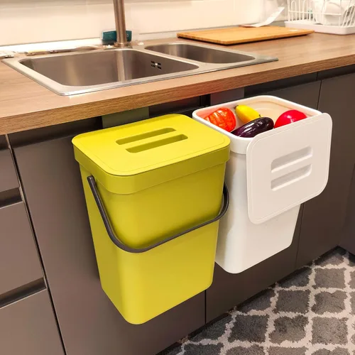 stonespace Cubo de basura pequeño con tapa, cubo de compostaje montable para interiores, cubo de basura colgante con tapa para Verde