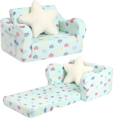 Miniatura 12 de MOMCAYWEX Sofá para bebé, 2 en 1, sofá suave para niños plegable con almohada de estrellas, sofá plegable para convertir en sofá cama, extra ancho