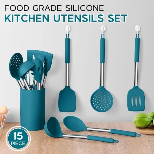 Miniatura 3 de Onader - Juego de utensilios de cocina de 15 piezas con soporte, espátula de silicona resistente al calor con mango de acero inoxidable, color azul