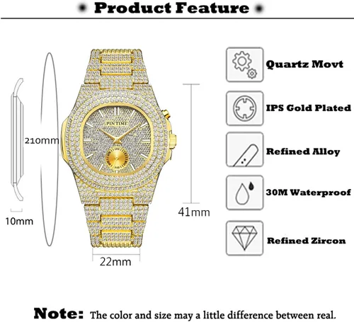 Miniatura 3 de Gosasa Reloj de pulsera unisex de cristal para hombre y mujer, reloj cubano con brillo completo, oblongo de plata/oro, reloj de pulsera de acero