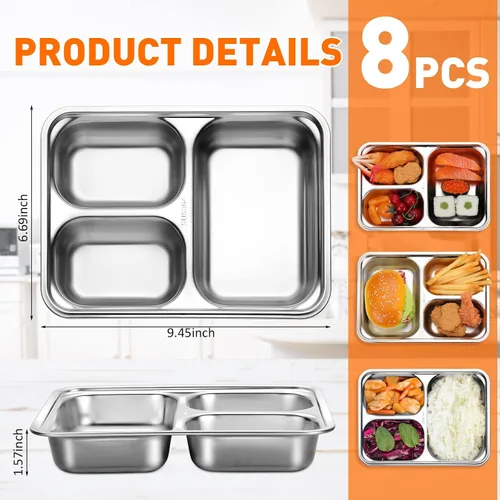 Miniatura 2 de Zopeal Paquete de 8 platos divididos de acero inoxidable 304 bandejas rectangulares de metal para adultos y niños, control de porciones