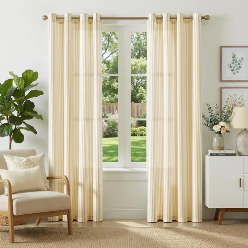Miniatura 27 de JINCHAN Cortinas de lino para sala de estar o dormitorio, con estampado a rayas verde salvia sobre beige, rayas delgadas que filtran la luz