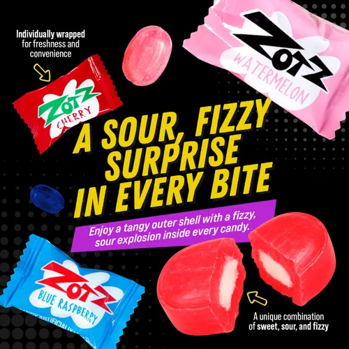 Miniatura 4 de Zotz Caramelos efervescentes a granel (surtidos, 46 unidades) - Caramelo duro envuelto individualmente - Surtido de 3 sabores de frutas, cereza