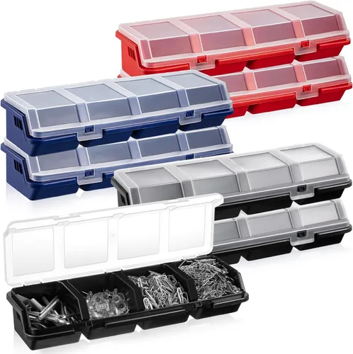 Miniatura 12 de Hushee Caja organizadora de tornillos de 4 piezas con tapa, 4 compartimentos, organizador de piezas pequeñas, de plástico, apilable, tuercas y Azul