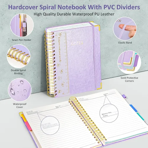 Miniatura 4 de Cuaderno de espiral de tapa dura, cuadernos grandes de 8"x10" B5 con divisores extraíbles y pestañas, 300 páginas, cuaderno de 5 asignaturas