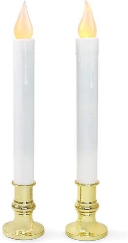 FURORA LIGHTING Velas LED cónicas blancas con soportes dorados, paquete de 2 con temporizador de 5/19, elegante brillo sin llama para decoración del