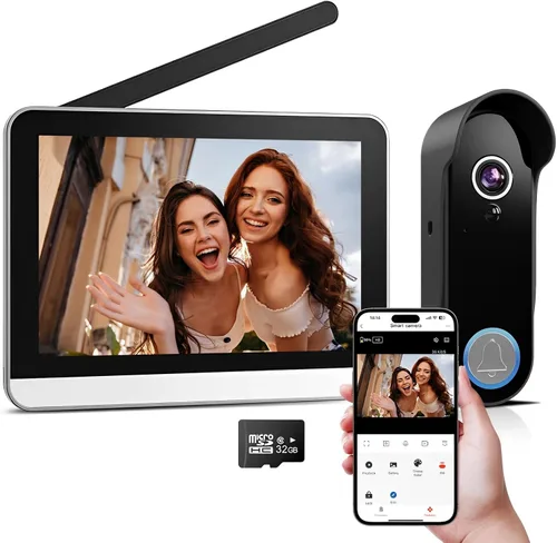 Cámara de timbre inalámbrica con monitor de video puerta teléfono intercomunicador 1080P 7 pulgadas pantalla táctil audio bidireccional timbre