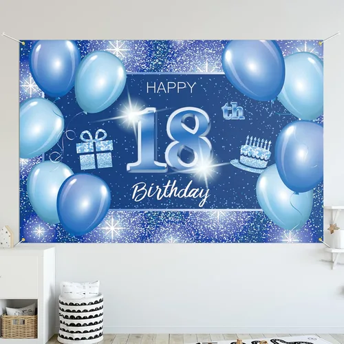 Cartel de fondo de feliz cumpleaños 18 años, decoración azul – Dot Glitter Sparkle 18 años de edad, decoración temática de fiesta de cumpleaños para