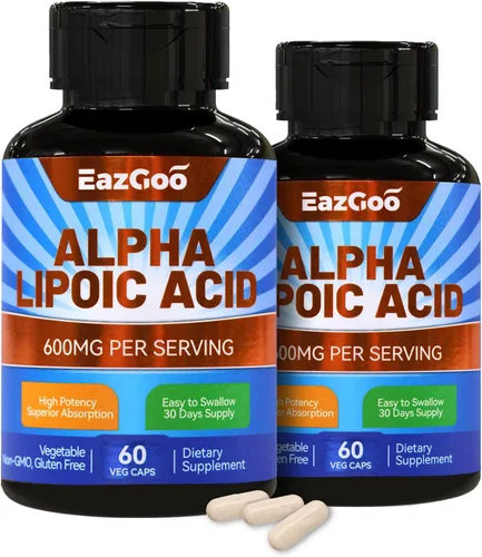 Paquete de 2 suplementos de ácido alfa lipoico, ácido alfa lipoico 600 mg por porción, vegano, sin gluten, suplemento de ALA sin OMG, 120 cápsulas